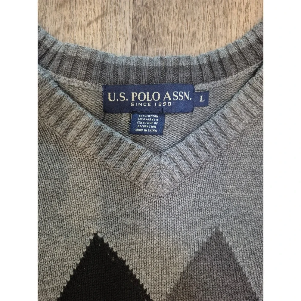 COZY CABINCORE ECLECTIC RETRO Gray‎ Argyle V-Neck Sweater Cotton Blend Large
